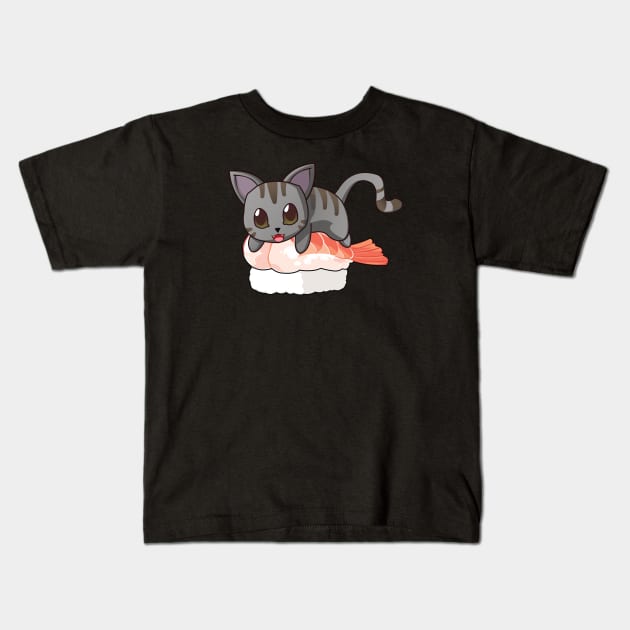 Grey Cat Shrimp Sushi Kids T-Shirt by Myanko